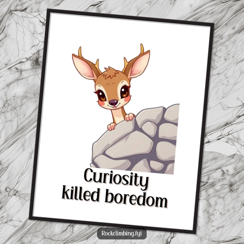 Funny deer poster depicting a curious deer with wide eyes peeking over a rocky ledge, a humorous piece of nature art.