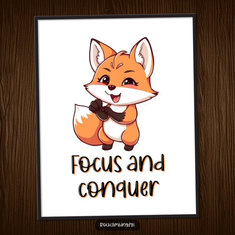 Funny charming fox reaching for a difficult handhold with intense focus and joy, embodying determination, humorous wall art.