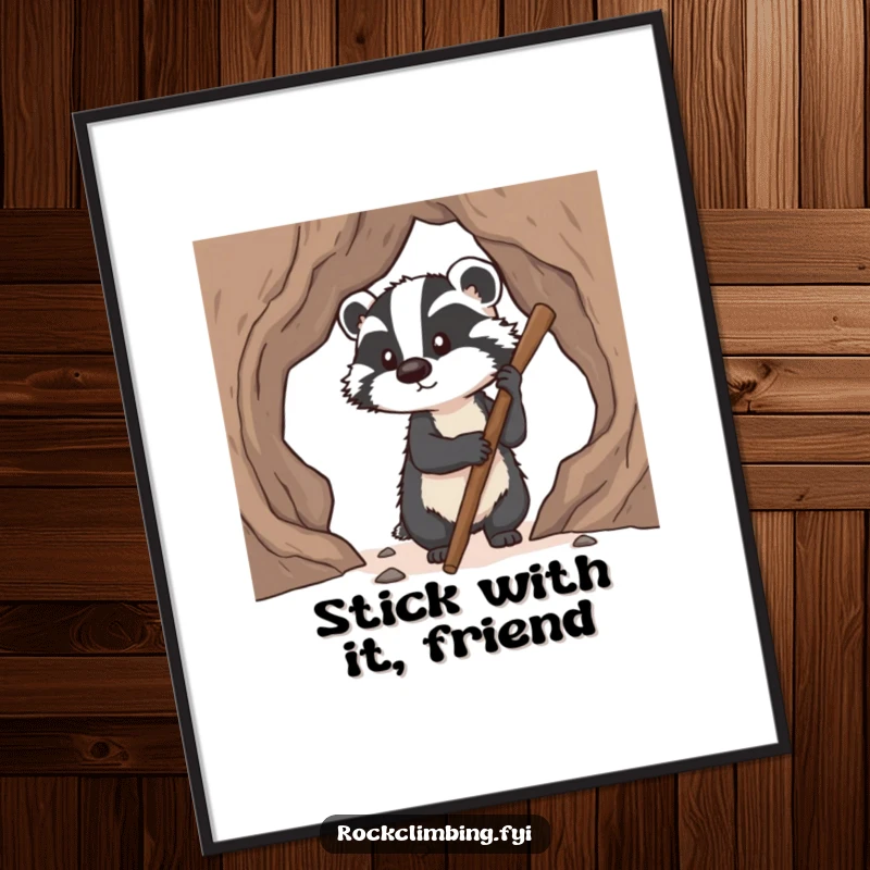 Funny badger poster depicting a determined badger using a stick to find pawholds while climbing, a humorous piece of motivational art.