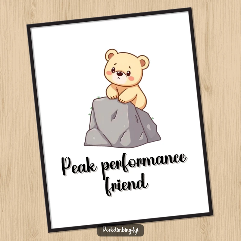 Funny poster art of a determined bear cub scaling a small cliff with its paws, adding inspirational and humorous decor.