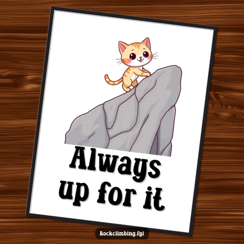 Funny cat poster showing a winking cat climbing a cliff with impressive agility, a delightful piece of humorous art.
