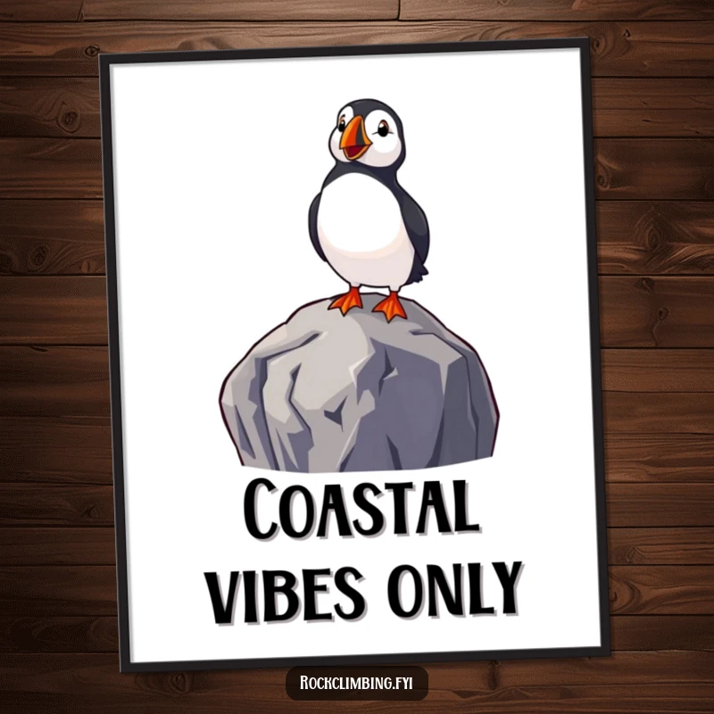 Funny poster of a delighted puffin perched on a high rock, looking out at the sea, capturing a peaceful and humorous coastal moment.