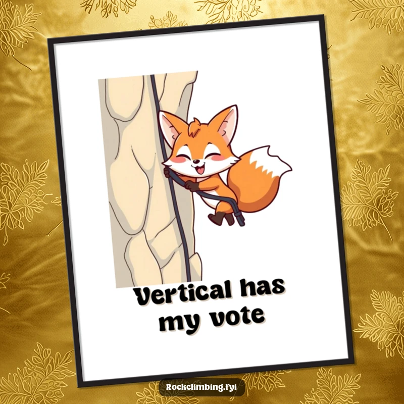 Funny Fox Rappelling Poster: An energetic fox rappels down a cliff face with a playful wink, inspiring wall art.