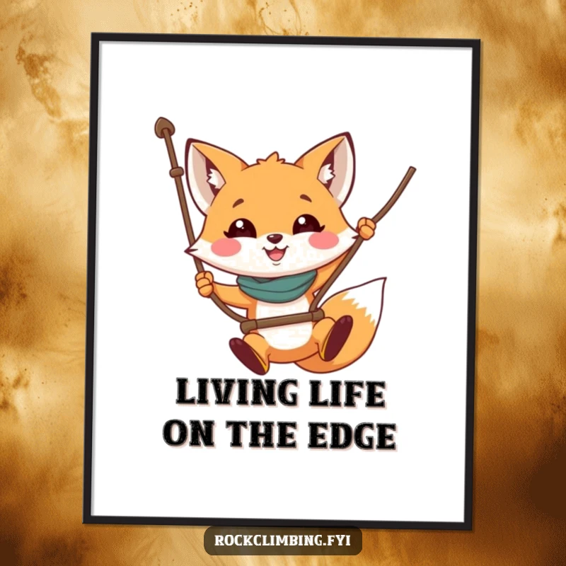 Funny fox poster showing a grinning fox swinging high on a rope, a delightful piece of humorous adventure art.
