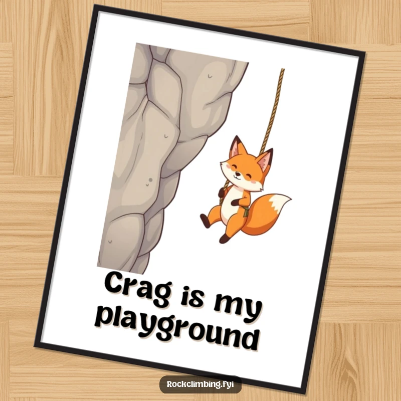 Funny Fox Poster: A playful fox swings from a rope on a tall crag, capturing a moment of exhilarating, fun adventure.