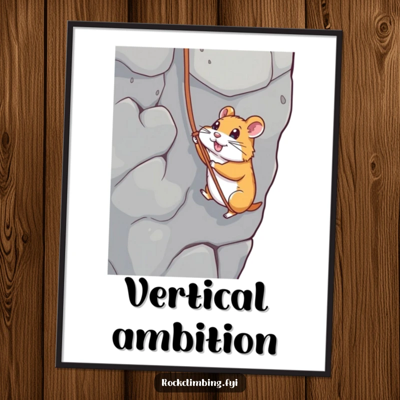 Funny poster of a hamster expertly rappelling down a rocky cliff with a string, inspiring awe and amusement.