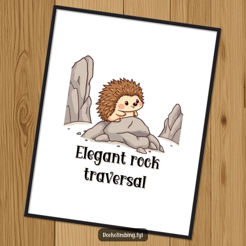 Funny poster depicting a brave hedgehog confidently moving sideways on a rocky outcrop, radiating self-satisfaction.