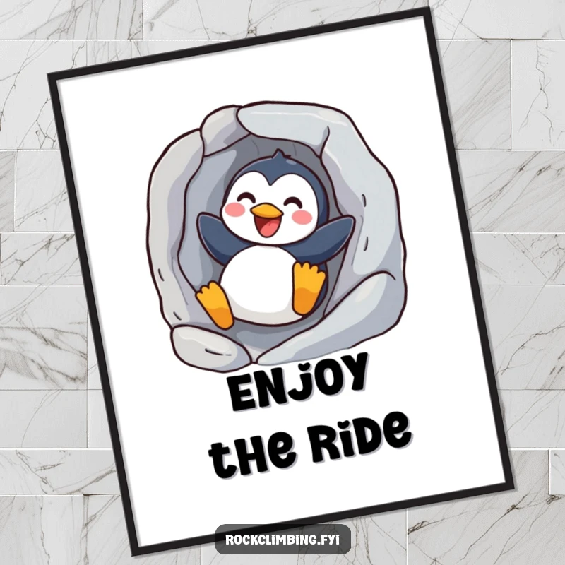 Funny joyful penguin poster art of a happy bird sliding down a rock, conveying pure fun and energetic motion.