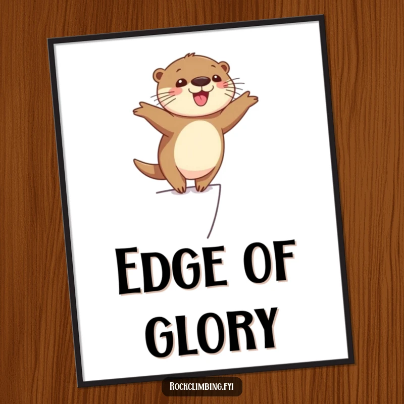 Funny cheerful otter balancing precariously on a narrow ledge with arms outstretched, looking happy and adventurous, humorous wall art.