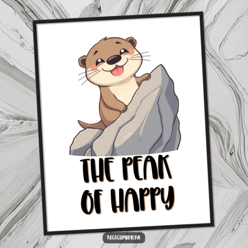 Funny Otter Poster: A grinning, cheerful otter tackles a challenging jagged rock, embodying adventure and a positive spirit.