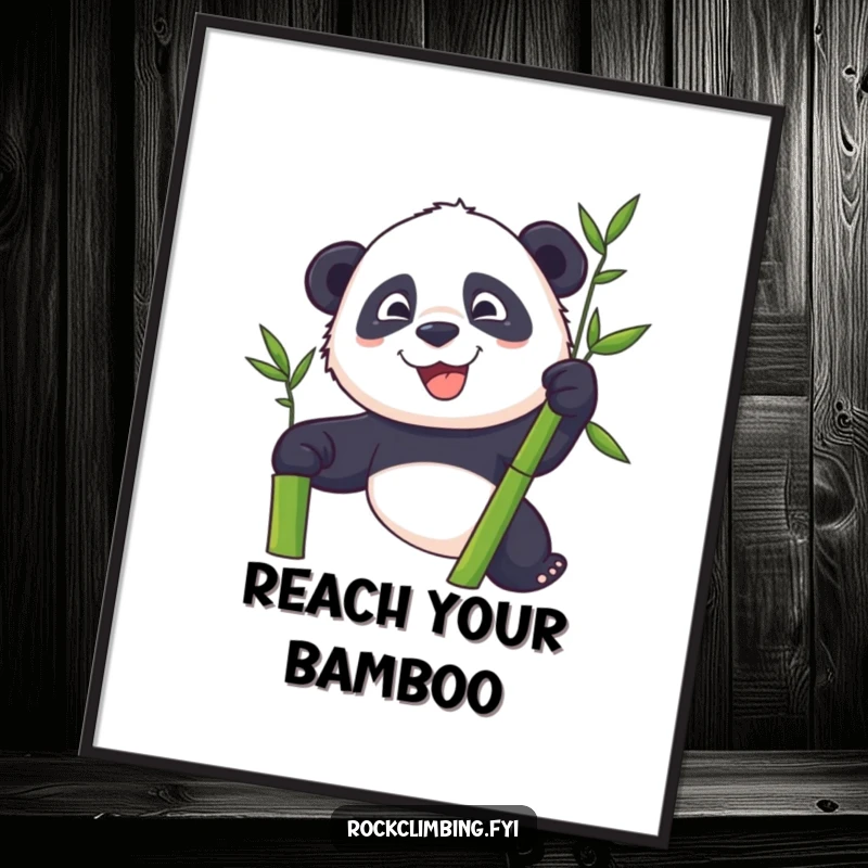 Funny panda with a determined grin ascending a bamboo stalk, printed as humorous wall art.