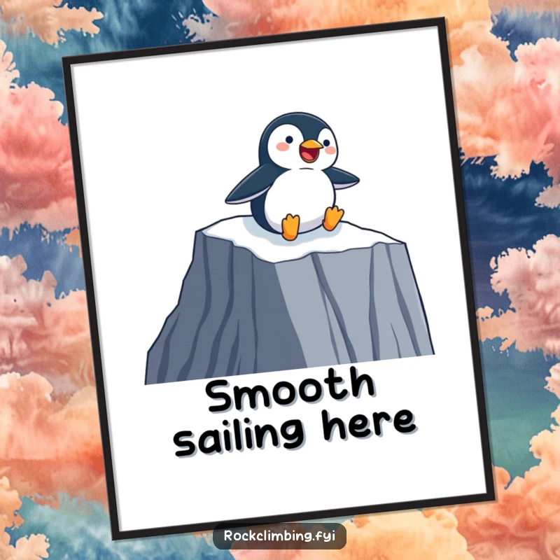 Funny Poster print of a happy penguin sliding down a sheer cliff face on its belly, a humorous and joyful artwork.