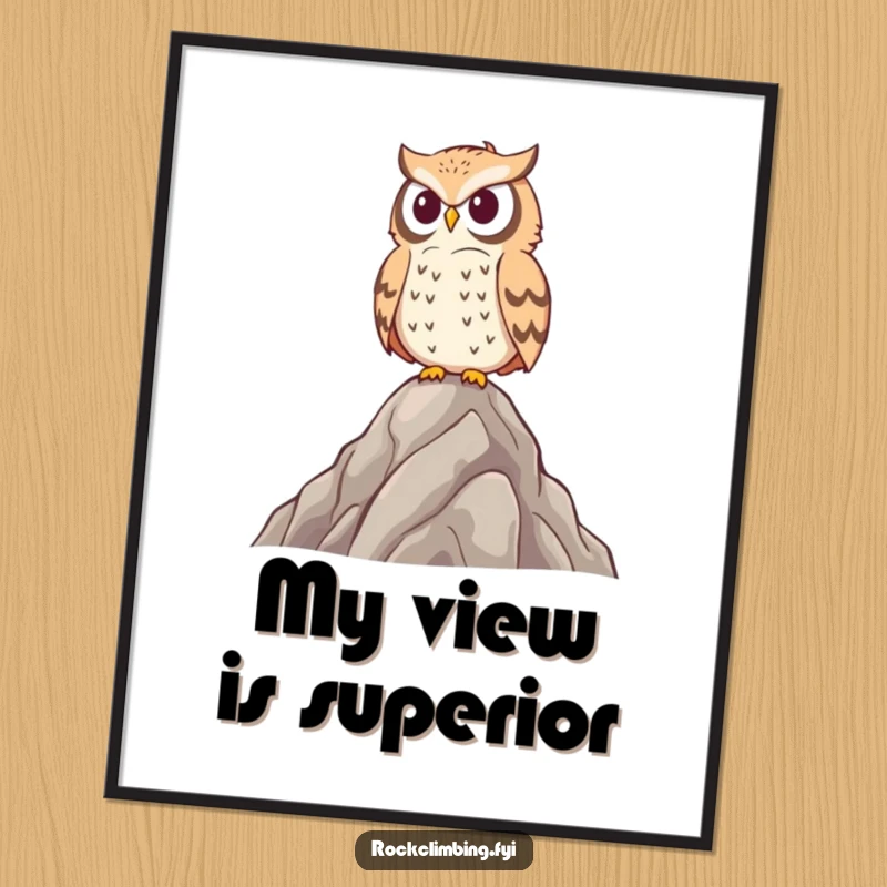 Funny owl poster art of a proud bird perched atop a rocky mountain peak, surveying majestically with a comedic undertone.