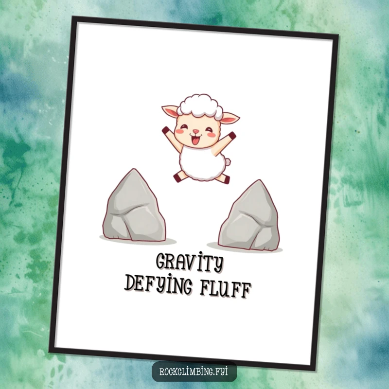 Funny poster of a delighted sheep joyfully leaping between two small, pointed rocks, full of exuberant energy.