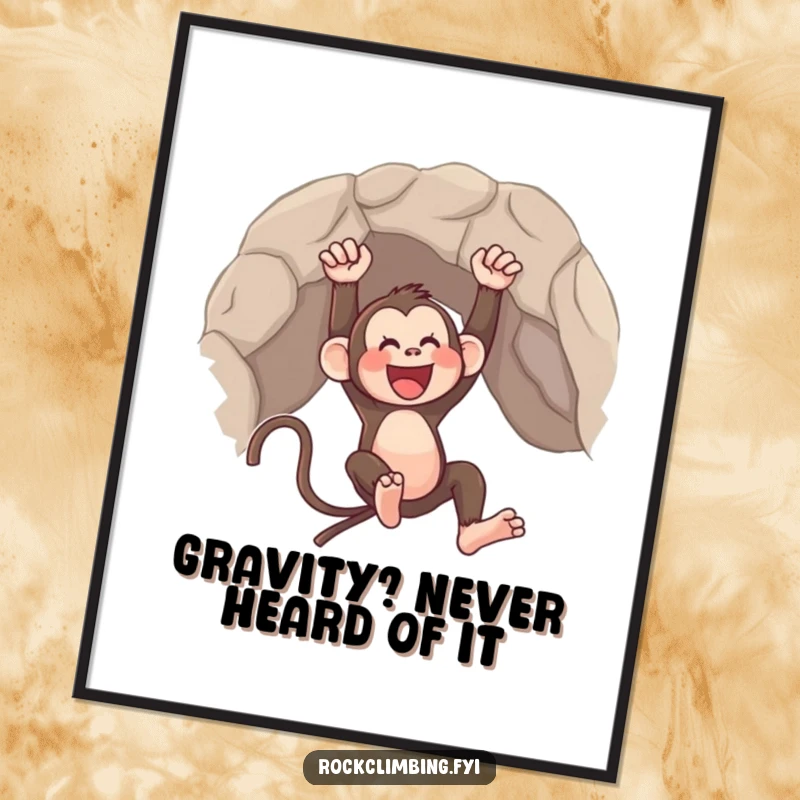 Funny poster illustrating a monkey gleefully swinging from a rocky overhang, full of adventurous spirit and boundless joy.