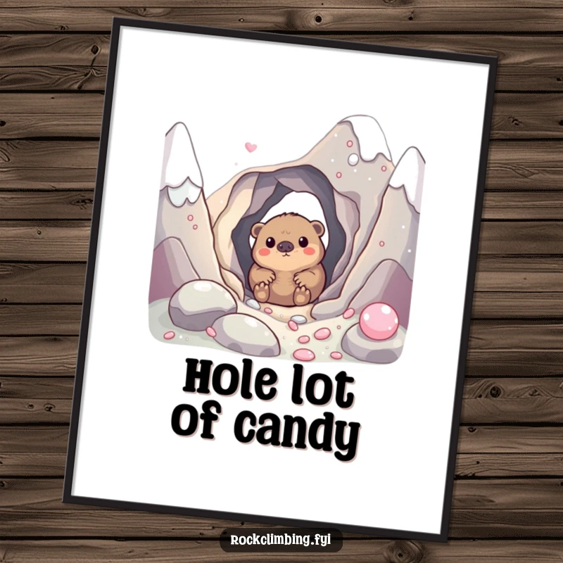 Funny poster of a curious mole peeking from a hole in a candy mountain, a whimsical and humorous piece of wall art.
