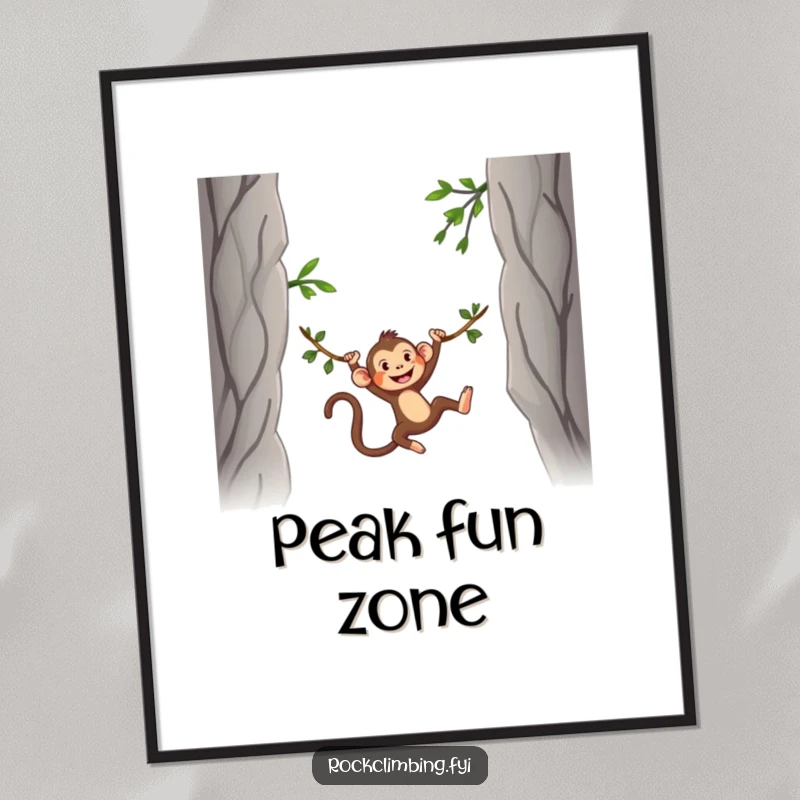 Funny Poster print of a silly monkey energetically swinging on a vine between two rocky mountain peaks, bringing playful vibes.