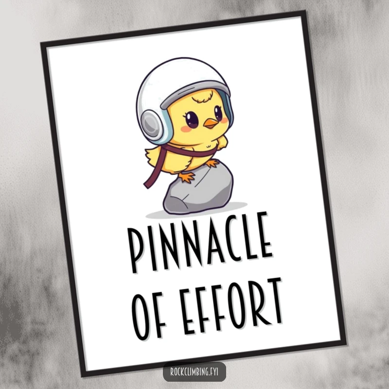 Funny determined chick in a helmet, courageously scaling a tiny pebble, perfect for humorous wall art.