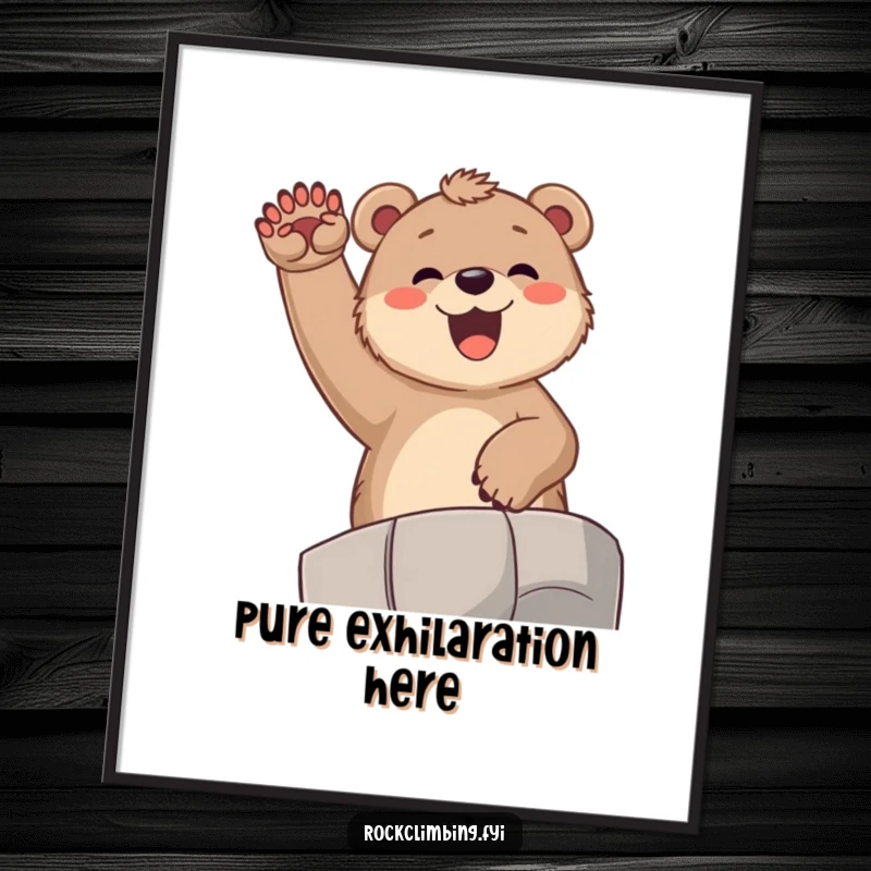 Funny bear cub poster, illustrating a joyful cub exultantly cheering from a high ledge with paws joyfully in the air, radiating happiness.