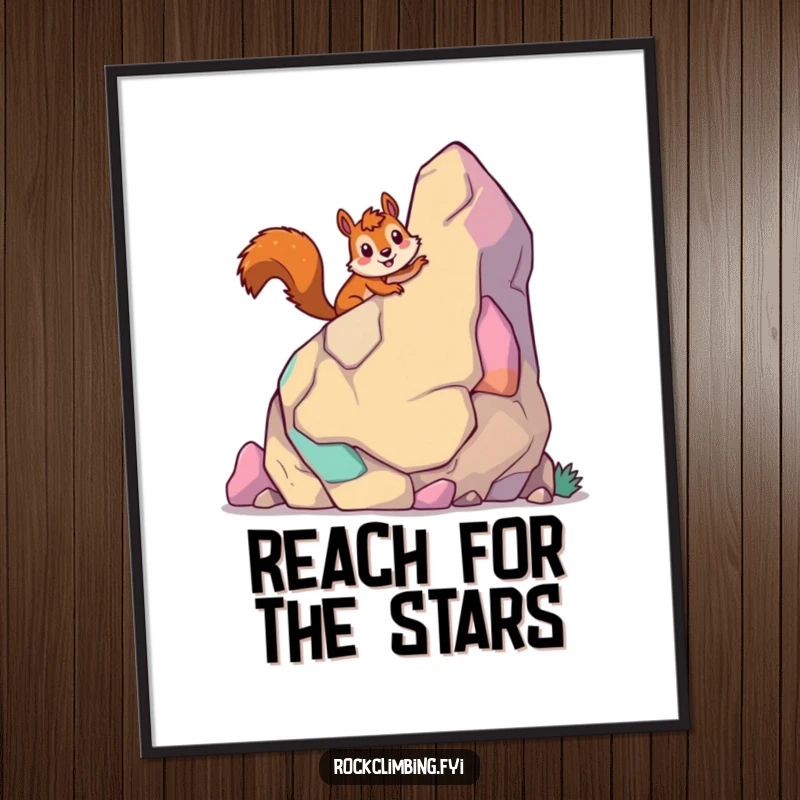 Funny giddy squirrel poster featuring a smiling squirrel climbing a colorful, cartoon-style rock, adding vibrant art.
