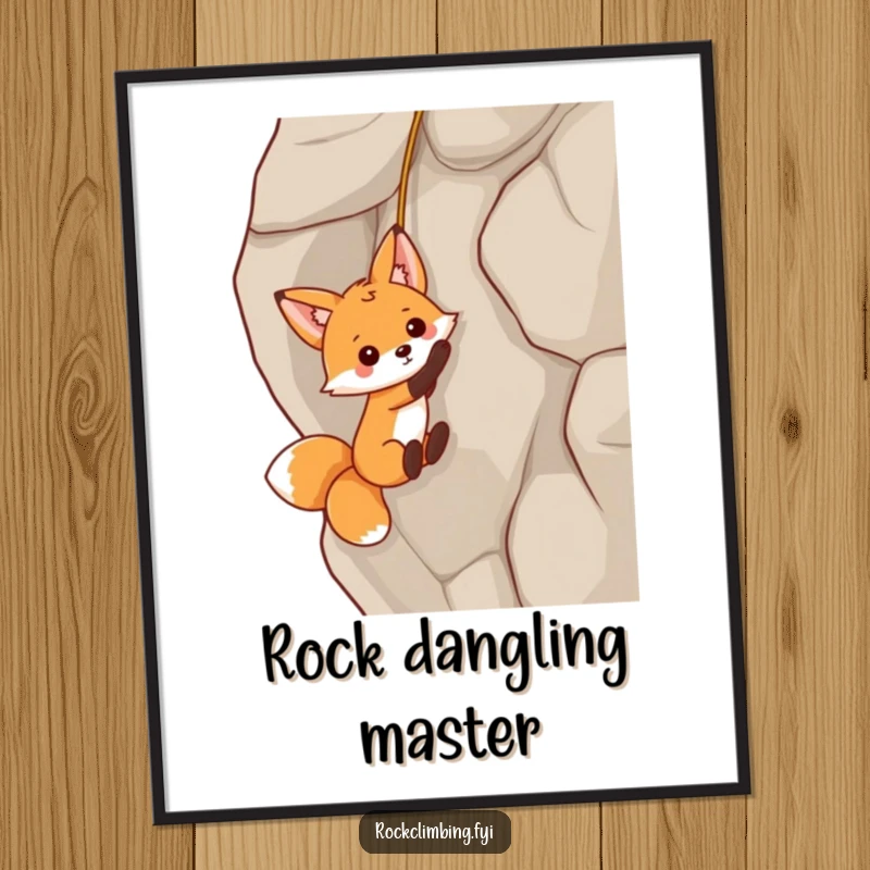 Funny fox dangling from a rock face by a thin rope on a vibrant poster, bringing playful and adventurous humor indoors.