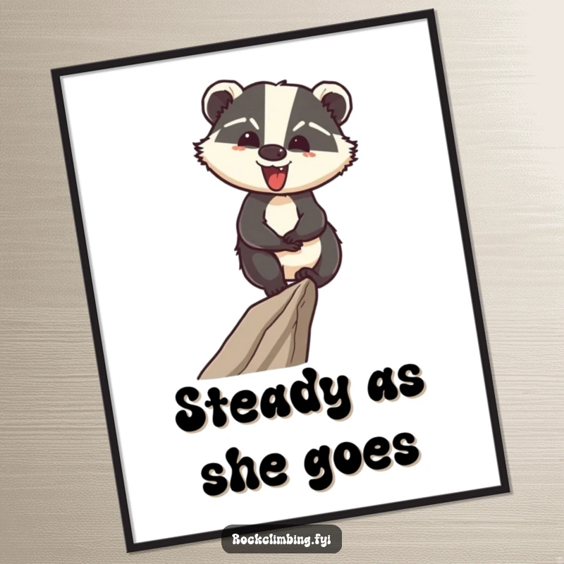 Funny poster of a cheerful badger confidently walking on a narrow ledge, inspiring wall art for adventurers.