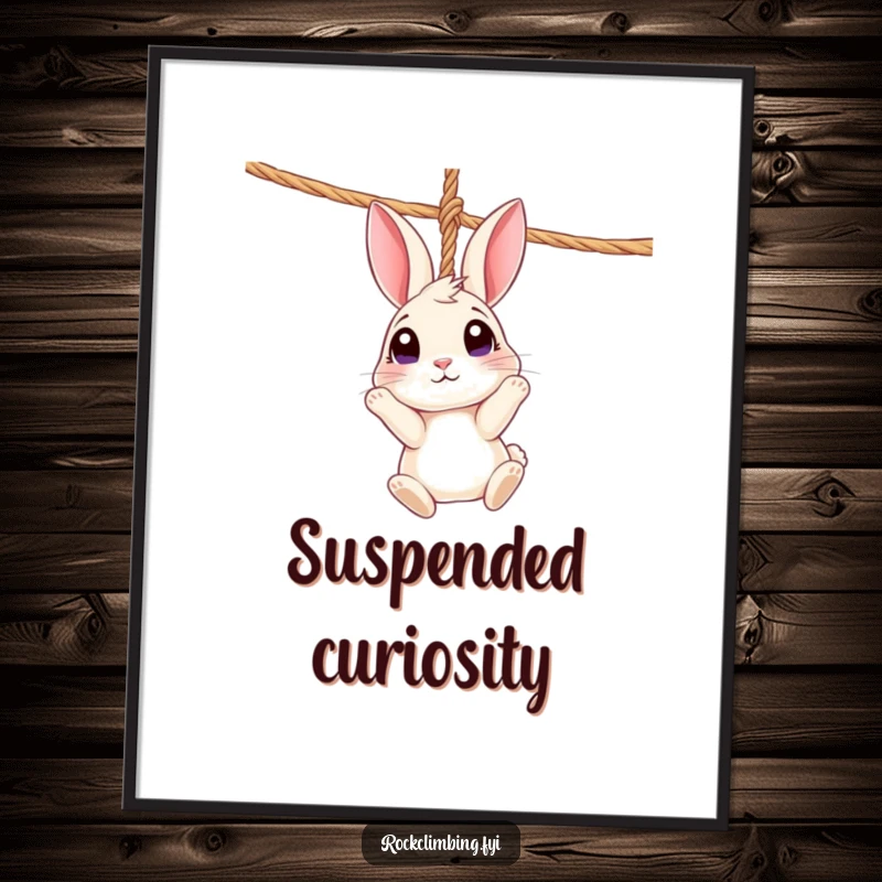 Funny Rabbit Rope Poster: A curious rabbit dangles from a rope, looking up with wide eyes, whimsical art.