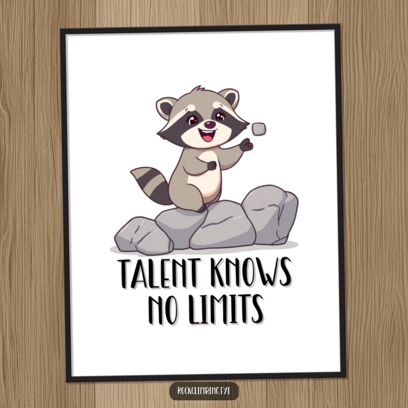Funny raccoon poster depicting a giggling raccoon juggling small rocks while climbing, a humorous piece celebrating playful skill.