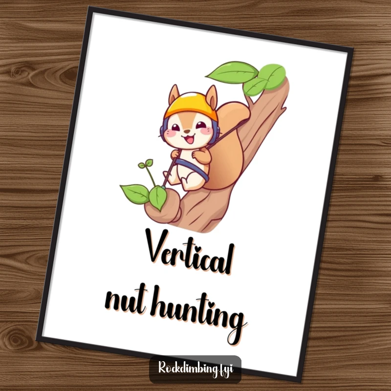 Funny squirrel rappelling down a sprout on a vibrant poster, showcasing extreme sports humor for wall decoration.