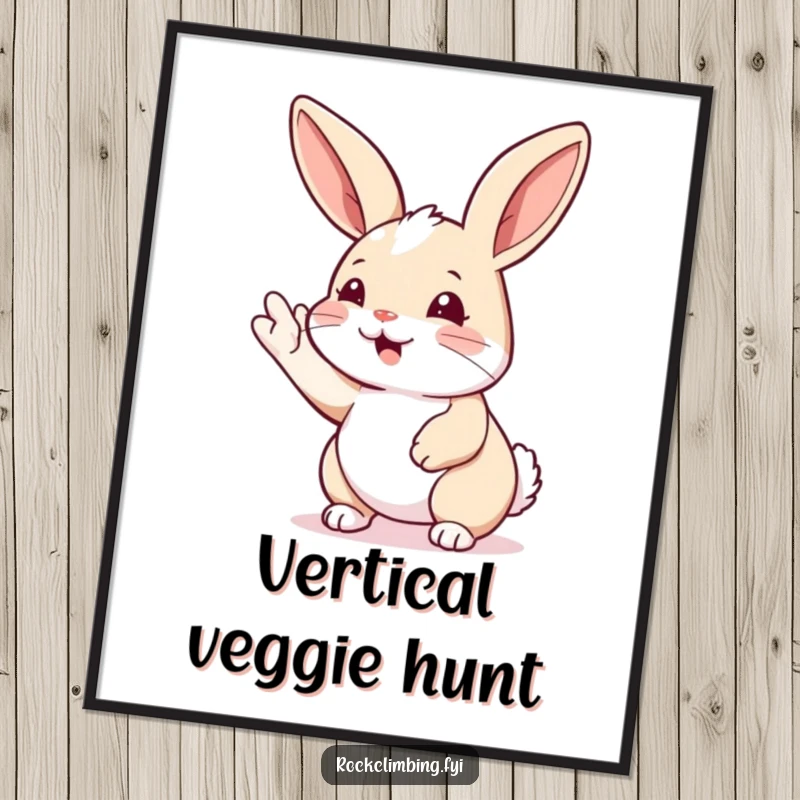 Funny rabbit climbing poster showing a rabbit eagerly reaching for the next handhold. Motivational wall art with a humorous touch.