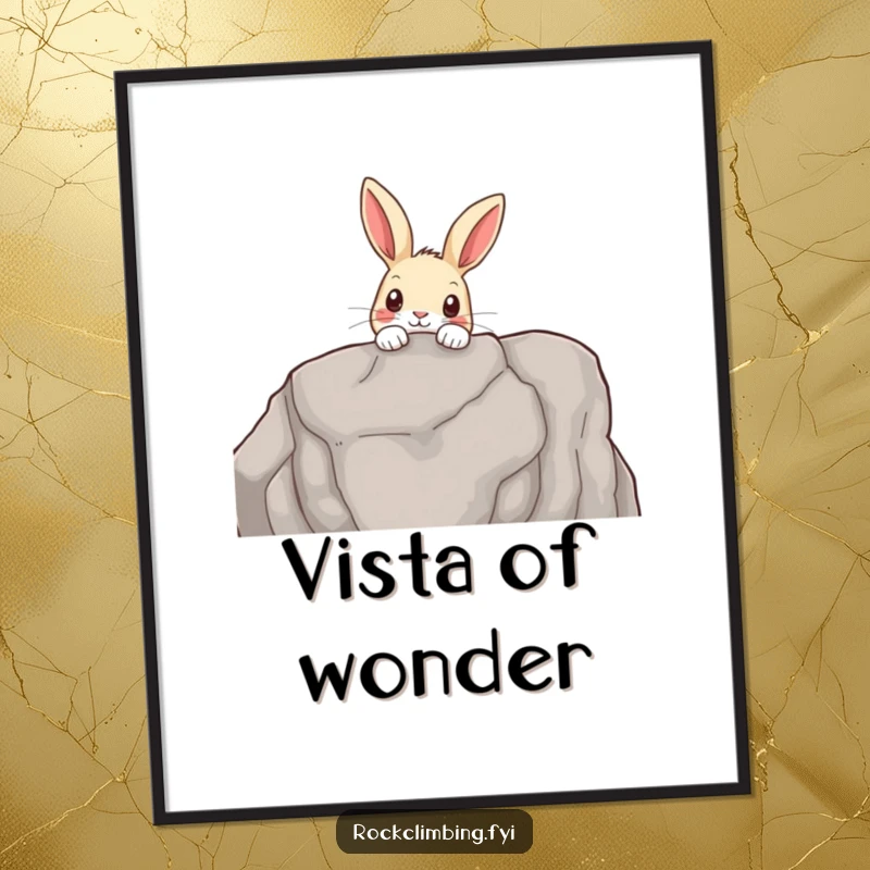 Funny poster art of a curious rabbit peeking over a rocky outcrop, embodying exploration and the charm of the outdoors.