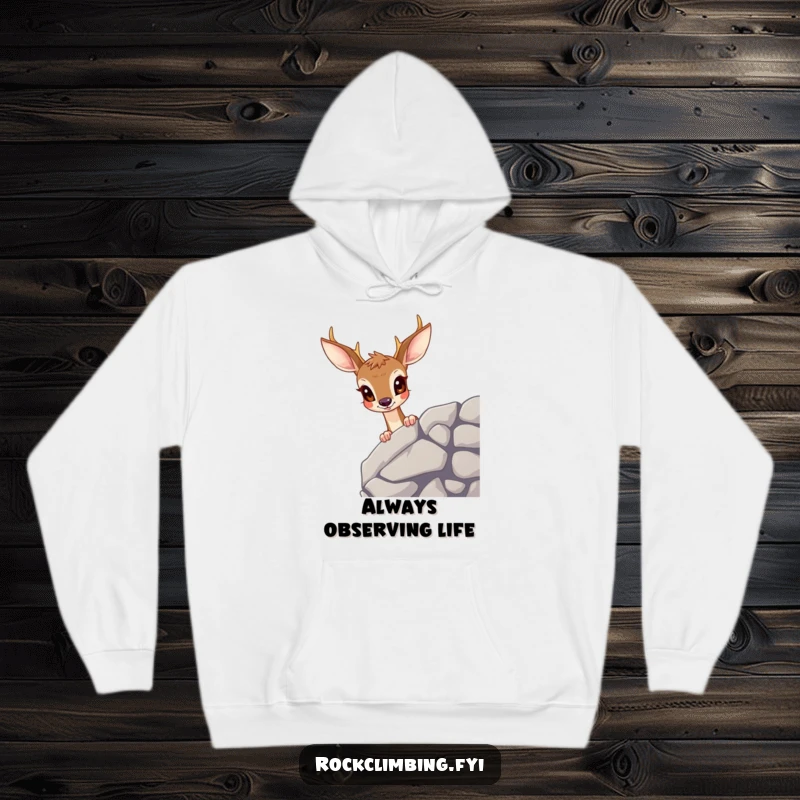 Funny deer hoodie showing a wide-eyed deer peering over a cliff, perfectly capturing a moment of hilarious curiosity in nature.