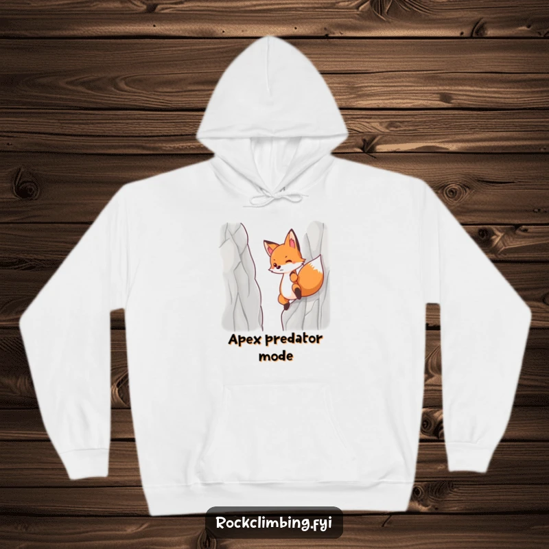 Funny hoodie depicting a determined fox using all its might to ascend a steep cliff.