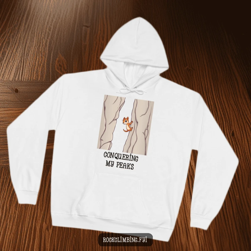 Funny squirrel hoodie, showing a determined squirrel scaling a massive cliff with mini claws, symbolizing strength and perseverance in a humorous way.