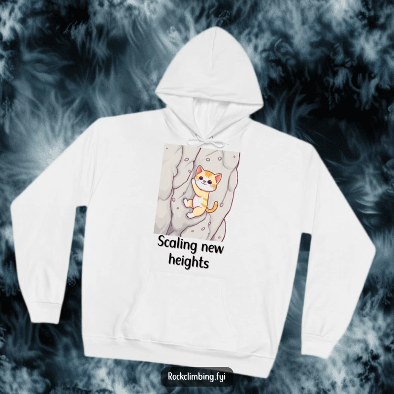 Funny cat hoodie showing a cat with suction cups scaling a steep cliff, a humorous illustration of persistence.