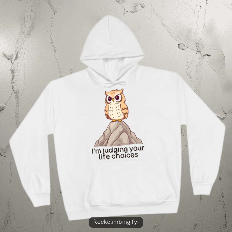 Funny proud owl hoodie design on a rocky peak, conveying intelligence and a humorous, watchful presence, ideal for chilly days.