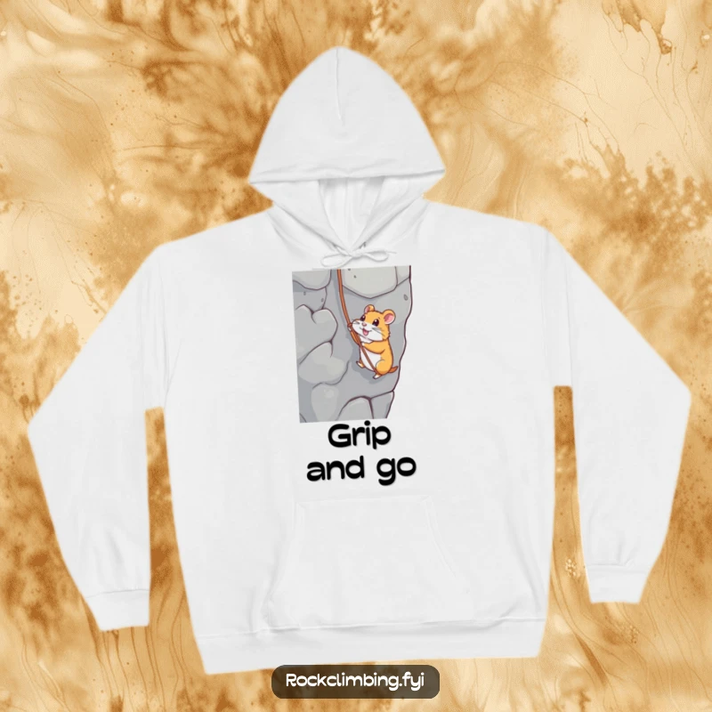 Funny hoodie showcasing a determined hamster rappelling down a rock face with a string, offering warmth and laughter.