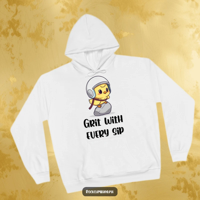 Funny determined chick in a helmet, scaling a tiny pebble, depicted on a cozy hoodie.