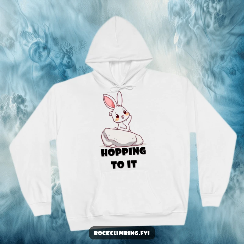 Funny hoodie featuring a curious rabbit reaching for a colorful handhold on a boulder, offering warmth and a humorous vibe.