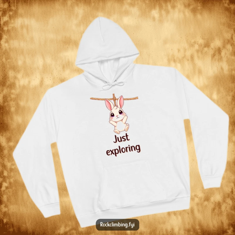 Funny Rabbit Rope Hoodie: A curious rabbit dangles from a rope, wide-eyed and looking up, cozy whimsy.