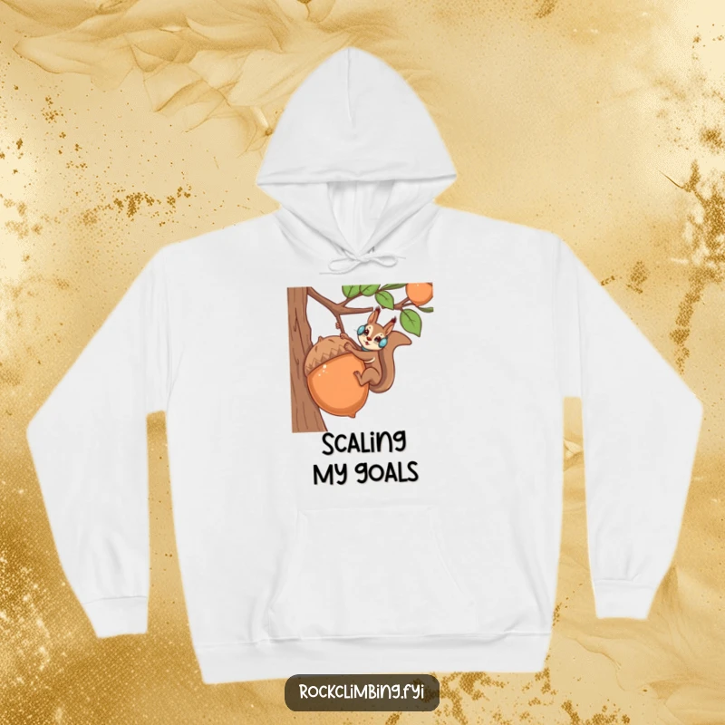 Funny squirrel mountaineer scaling an acorn, depicted on a warm and cozy hoodie.