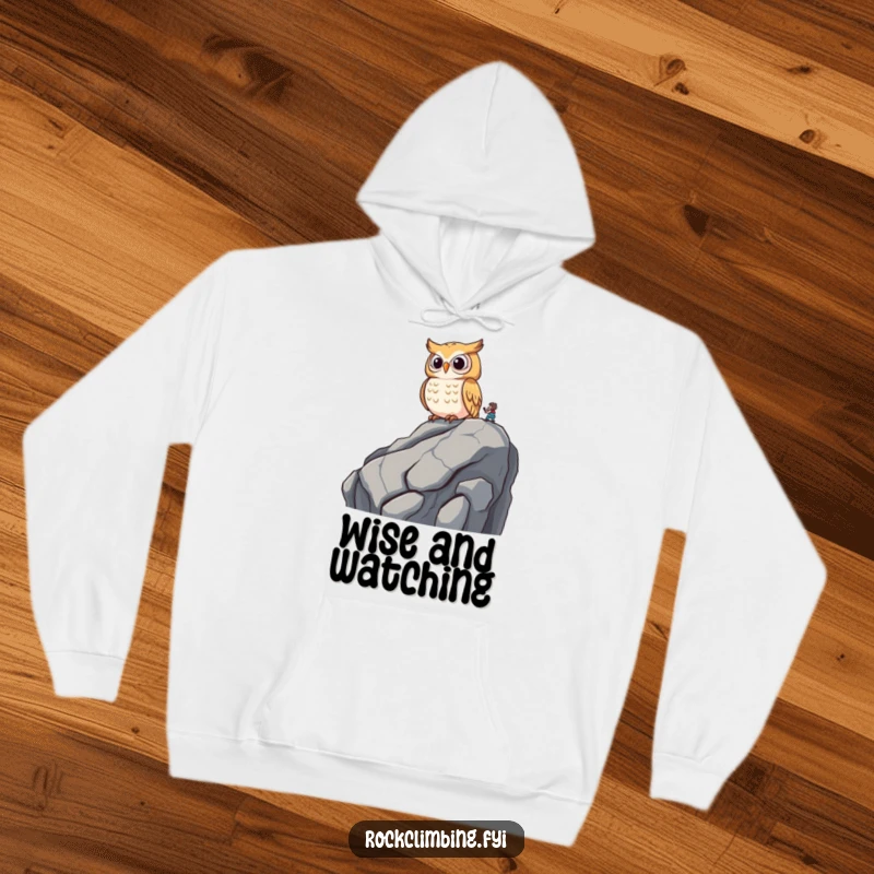 Funny wise owl perched on a rocky outcrop, observing a climber with amusement on a cozy hoodie.
