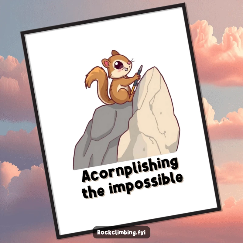 Funny Free Printable Wall Art: A determined squirrel meticulously using tiny tools to climb a sheer, imposing rock face.