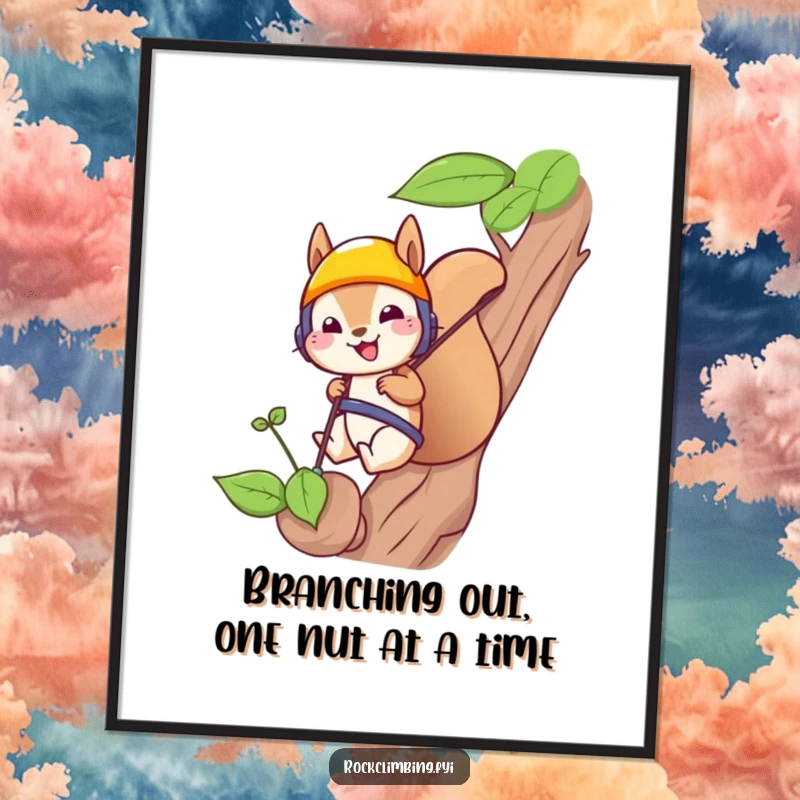 Funny Free Printable Wall Art of a squirrel in a helmet rappelling down a sprout, a humorous piece of downloadable decor.