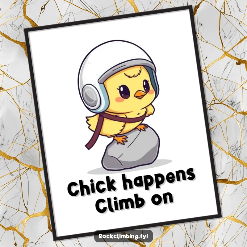 Funny Free Printable Wall Art: A determined chick wearing a helmet, bravely scaling a small pebble, humorous downloadable motivational decor.