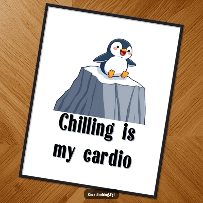 Funny Free Printable Wall Art of a happy penguin joyfully sliding down a sheer cliff face on its belly, full of zest.
