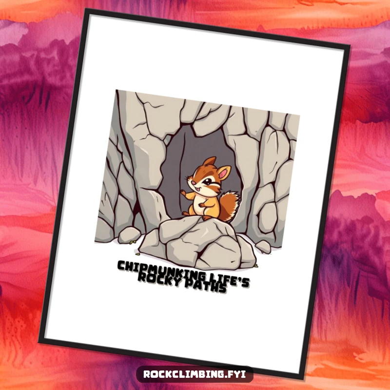 Funny Free Printable Wall Art: A chipmunk bravely navigates a jagged rock formation, highlighting courage and fun.