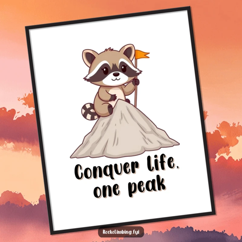 Funny Free Printable Wall Art: A mischievous raccoon plants a tiny flag, celebrating summit victory on a small peak.
