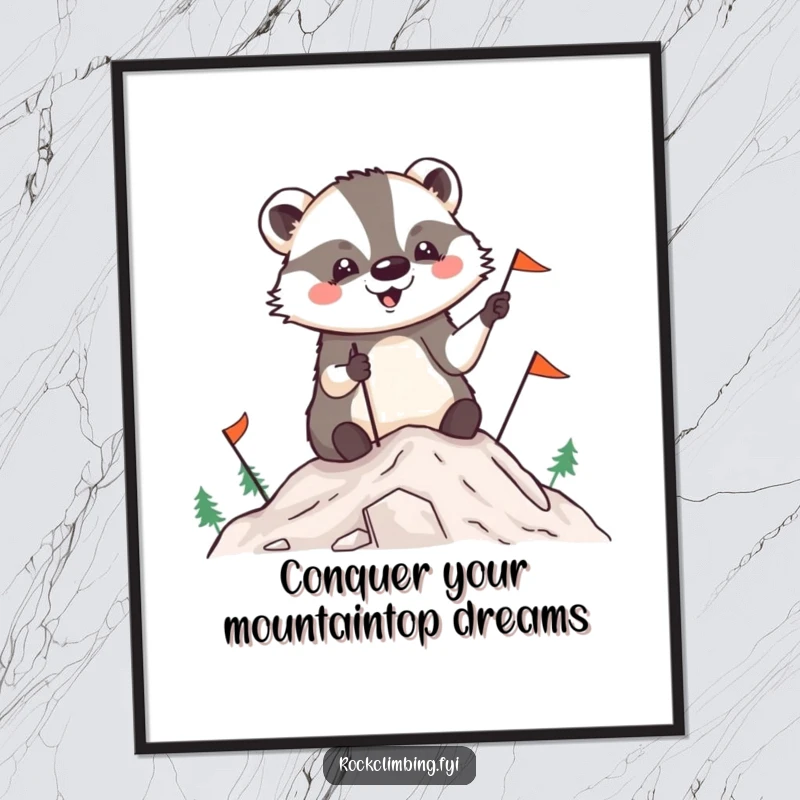 Funny free printable wall art: a delighted badger successfully plants tiny flags at the very summit of a mountain, celebrating victory.