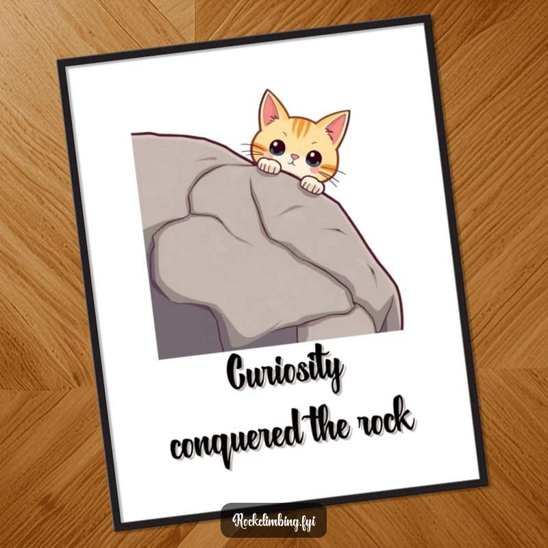 Funny Free Printable Wall Art: A curious cat peering over a massive boulder's edge, its whiskers twitching with intrigue.